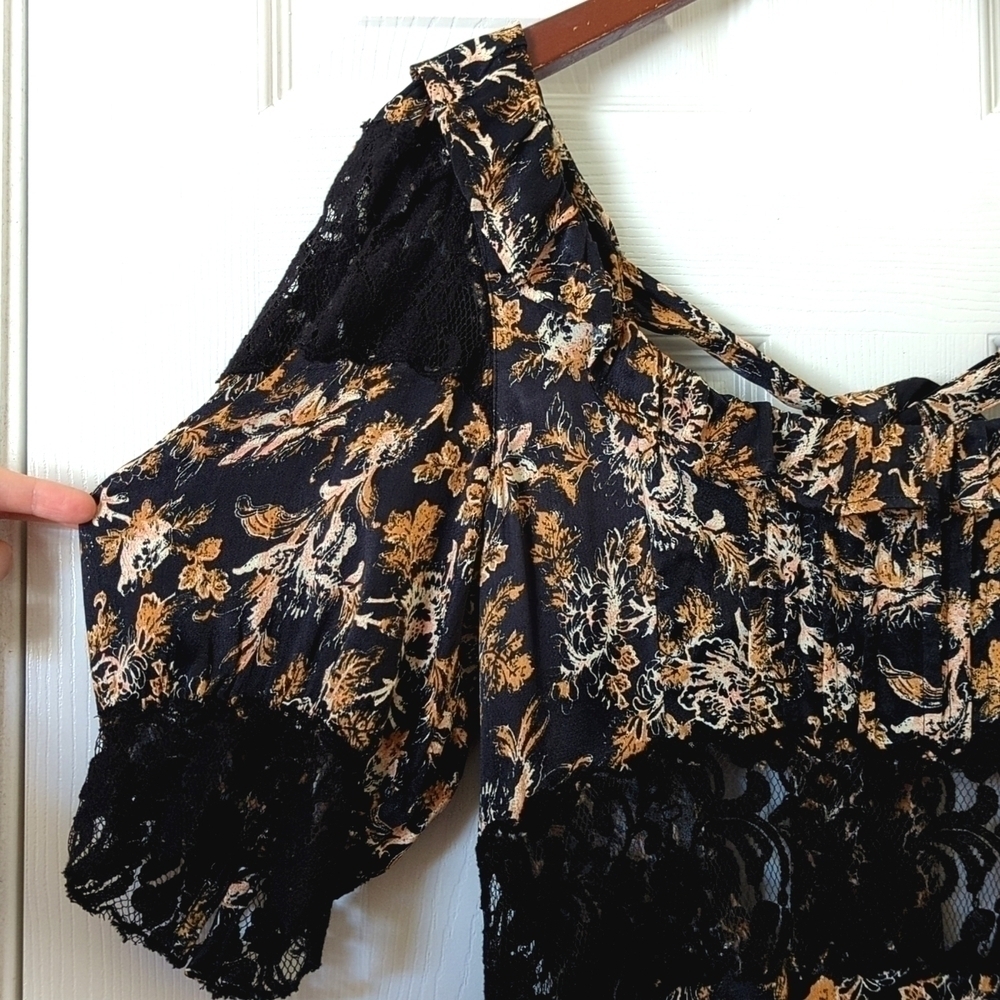 Free People Lucie Floral Scoop Neck Tied Open Back A-Line Mini Dress Black 6 - Picture 4 of 16